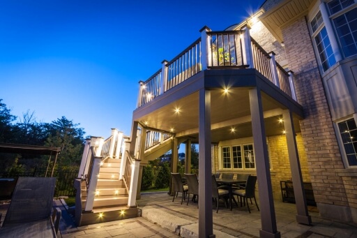 A raised deck with recessed lighting.