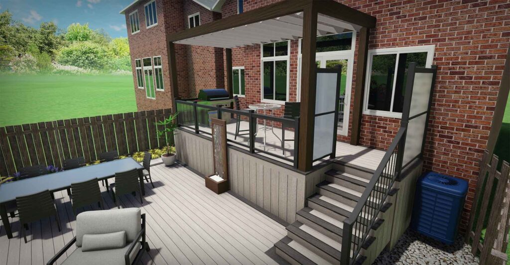 3D rendering of a multi-level deck design with a pergola, created to visualize the backyard layout before construction