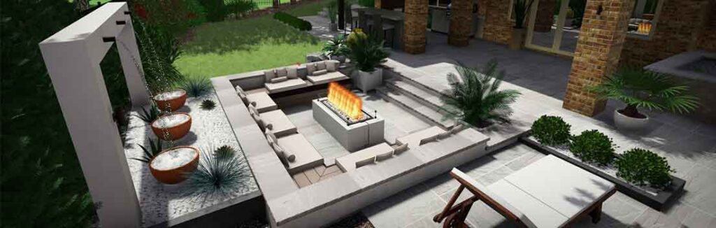 Modern backyard 3D design with sunken firepit, raised water feature, and dining space for entertaining