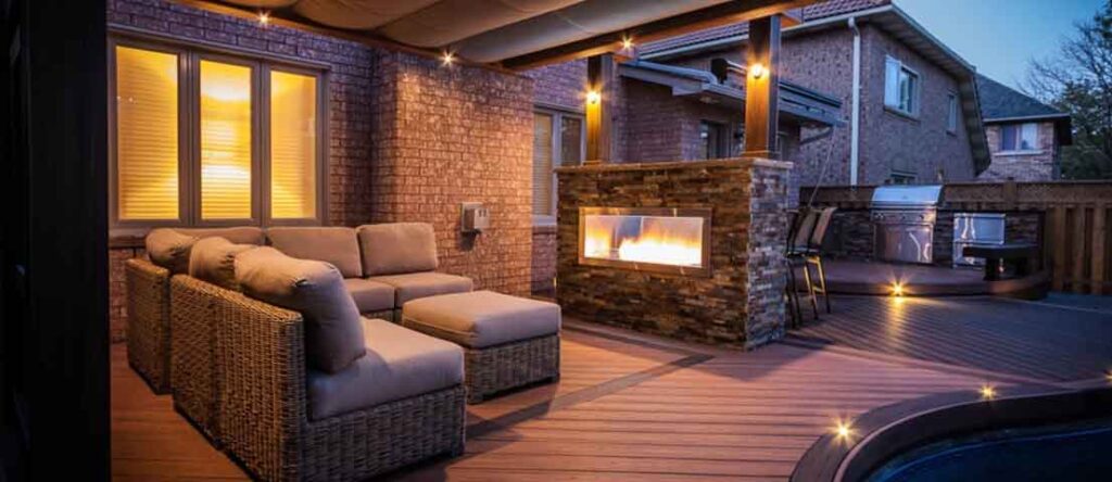 Luxury curved deck next to a pool at night with a fireplace and a pergola featuring a retractable awning