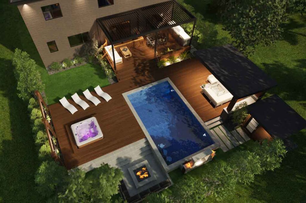 3D rendering of a modern backyard design with an upper main-floor deck and louvered pergola, lower-level deck surrounding a pool and hot tub, covered lounge and bar area, and landscaped gardens