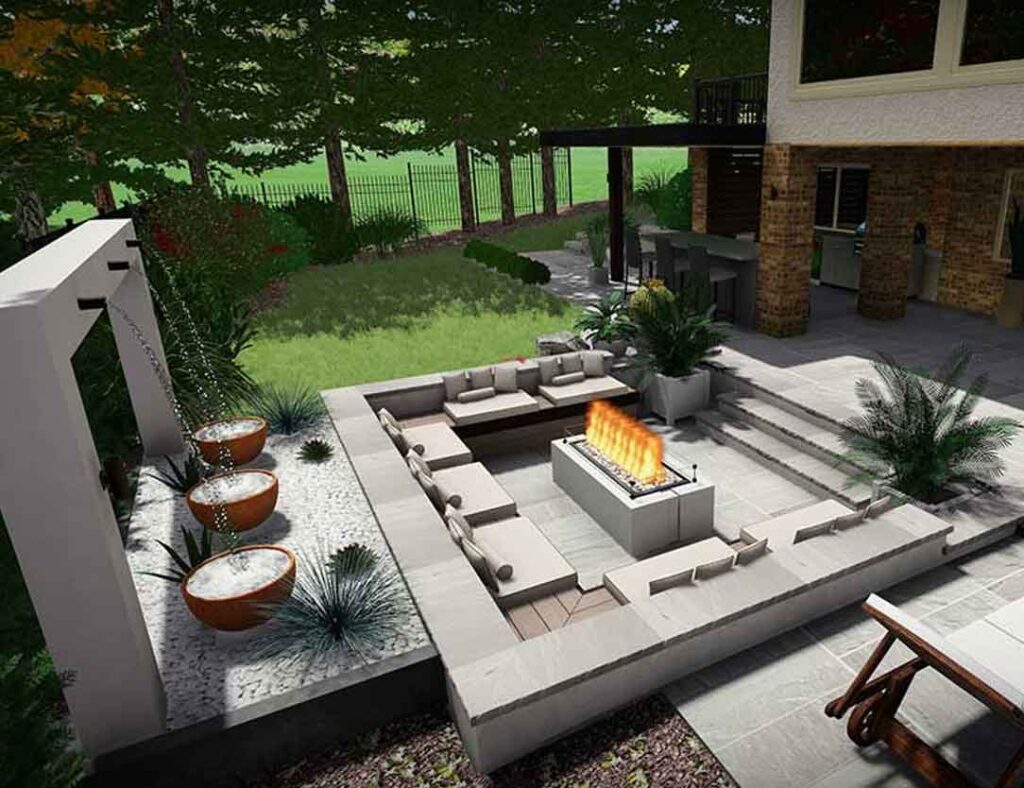 3D backyard landscape design showing a sunken fire pit with central fire feature, built-in seating around the pit, and a water feature with surrounding plantings.