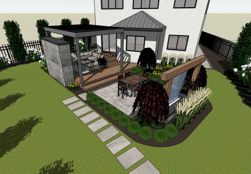 3D backyard design in Mississauga featuring a deck with a louvered pergola, feature wall with fireplace and TV, stone seating area with a waterfall, and lush greenery