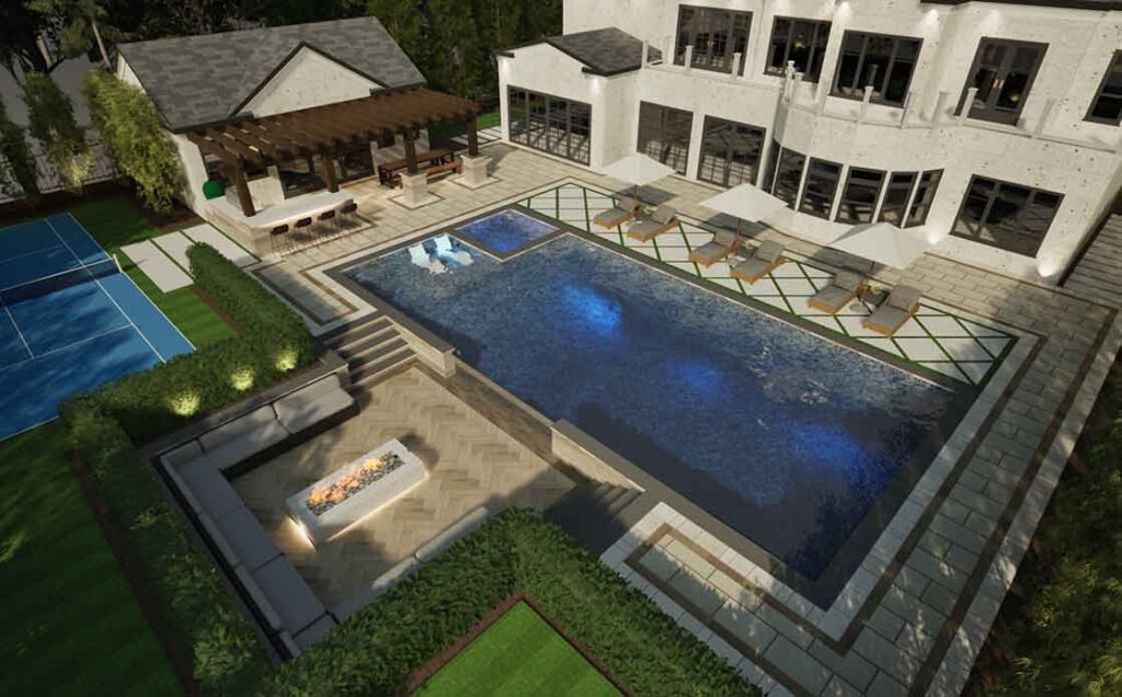 3D rendering of a modern villa backyard design featuring a large pool, pool house, bar area, pickleball court, and lush landscaped greenery