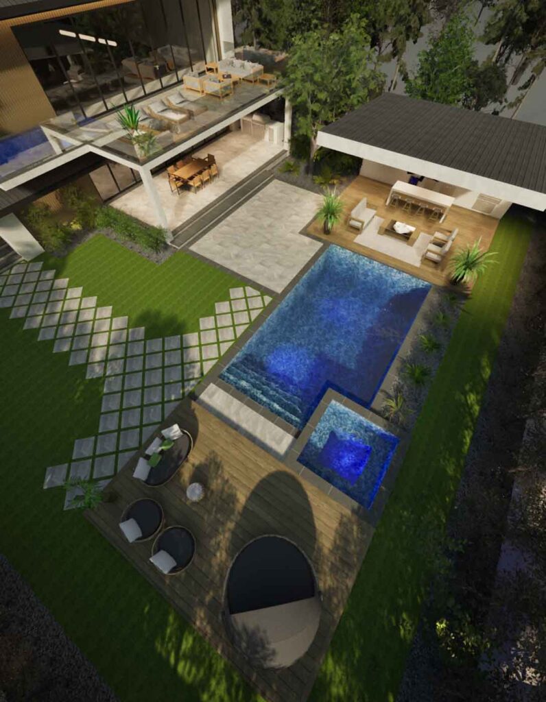 3D rendering of a modern backyard design with a pool, covered bar under a large roof overhang, lounging deck with hot tub, balcony, mature trees, and evening lighting