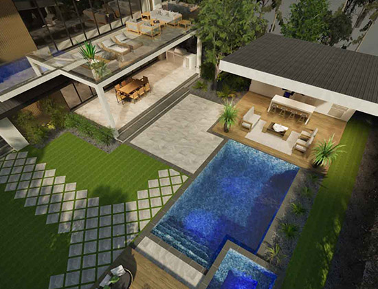 Modern Toronto backyard 3D rendering featuring a contemporary pool, spacious cabana, and second-floor deck with shaded lounge beneath.