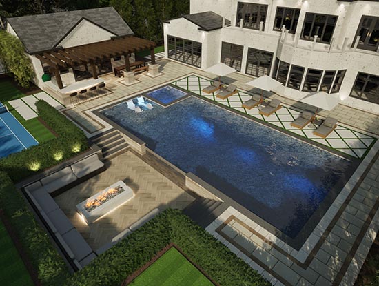3D landscape design rendering of modern backyard with pool, pool house, and sunken fire pit