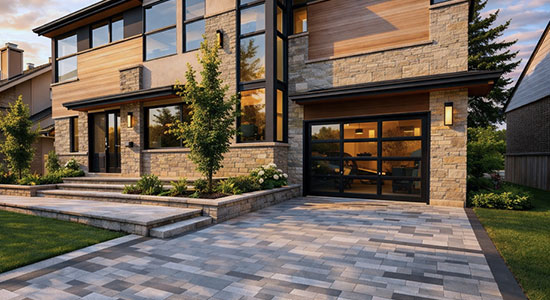 Modern Toronto front yard landscaping with upgraded driveway, natural stone steps, porch, garden beds, accent trees, and integrated lighting.