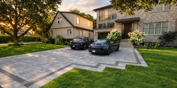 Modern Etobicoke home with a wide custom driveway for additional parking, framed by landscaped garden beds and lush greenery.