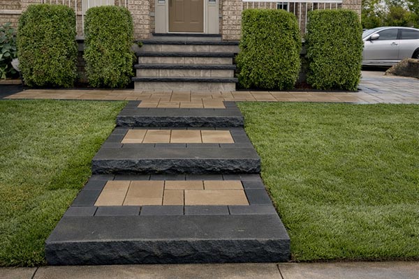 Precast stone steps leading up to a front porch finished with natural stone
