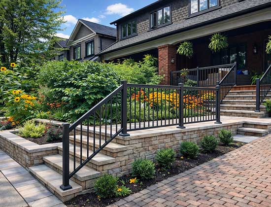 Custom raised front yard design featuring large structured garden beds seamlessly integrated with a raised front porch