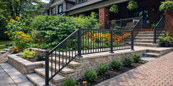 Toronto front yard landscaping featuring natural stone garden steps leading to a custom composite front porch, designed for durability and refined curb appeal.