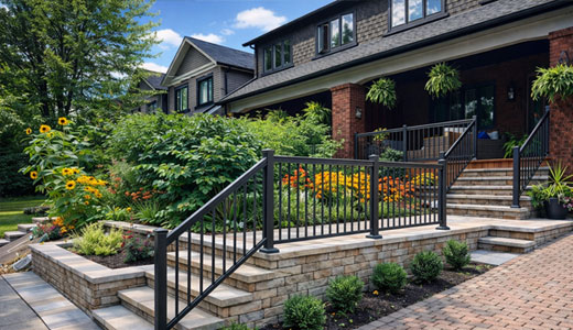 Front yard landscaping in Toronto with oversized planting bed and stone steps leading to composite porch.