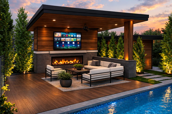 Modern backyard pavilion with fireplace and TV wall, lounge seating on a composite deck beside a swimming pool