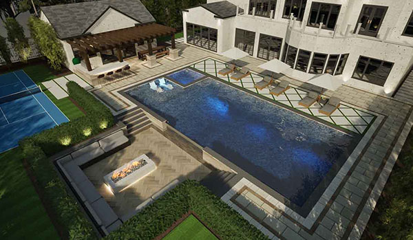 3D landscape design rendering showing luxury backyard with pool, sunken lounge, pergola and outdoor living layout