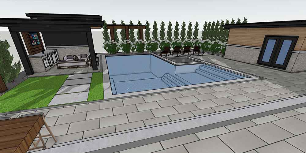 3D landscape design master plan showing modern backyard layout with pool, covered patio, pergola, pool house and integrated hardscape layout
