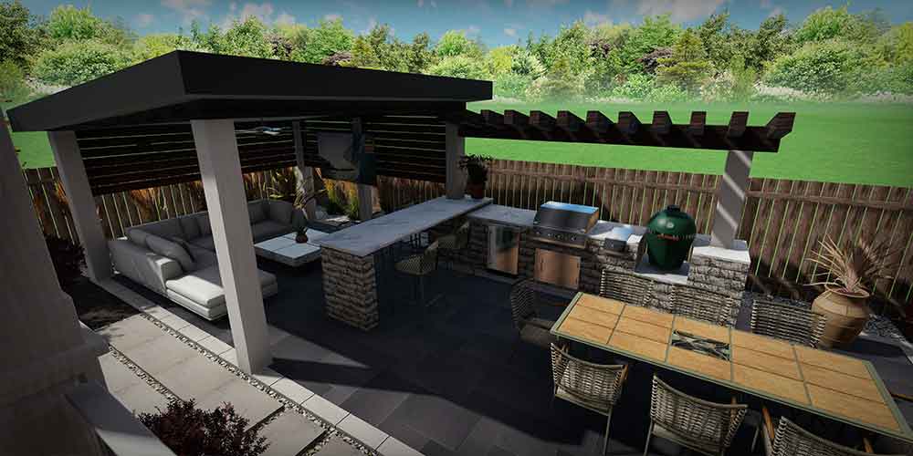 3D backyard landscape rendering showing custom outdoor kitchen, large dining area, cabana with lounge seating and evening lighting design