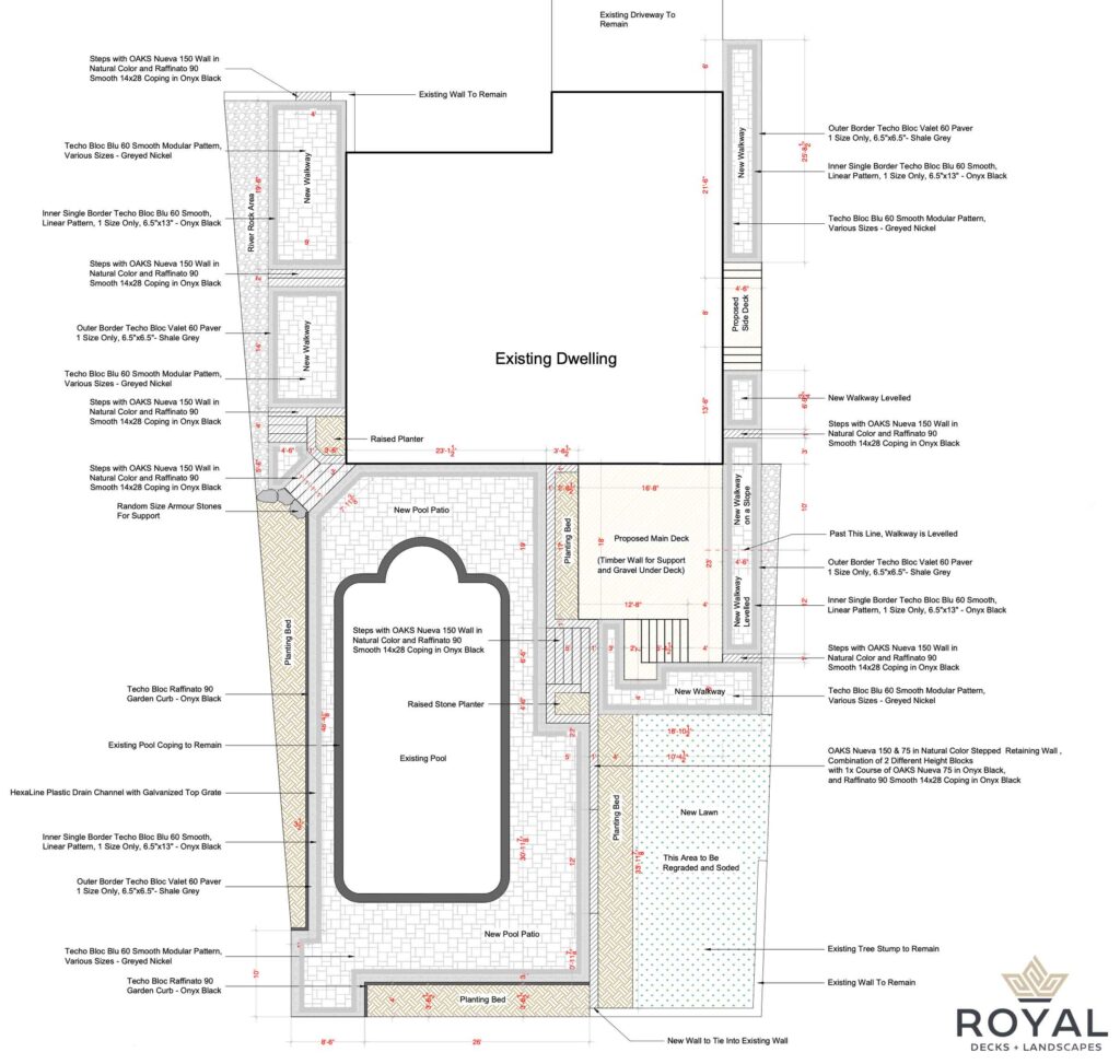 Landscape master plan for Toronto property showing deck, pool patio, walkways, retaining walls, lawn, planting beds and drainage layout with detailed construction notes