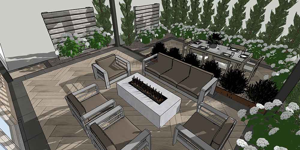 3D backyard landscape rendering showing modern patio layout with fire feature, dining area, raised planter and privacy screening