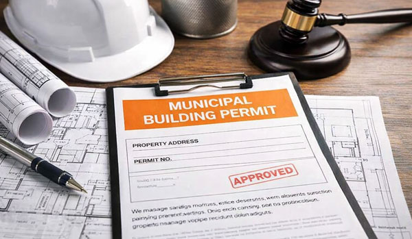 Municipal building permit document with construction drawings and planning tools representing zoning and permit approval process