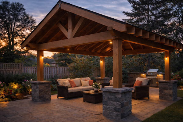 Custom backyard pavilion structure with timber beams, stone columns and outdoor seating area over a patio